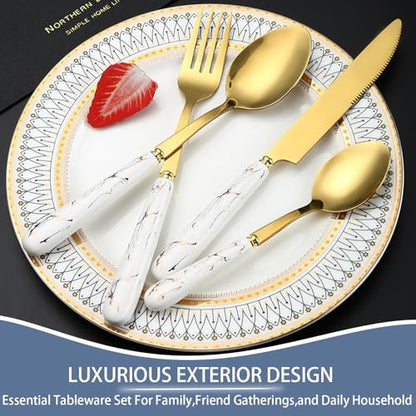 24 Pieces Flatware Set, Stainless Steel Cutlery Set with Silverware Holder, Modern Gold Silverware Set Includes Dinner Knives Forks Spoons,Hanging Silverware Set Service for 6 (White Gold) - color: White Gold