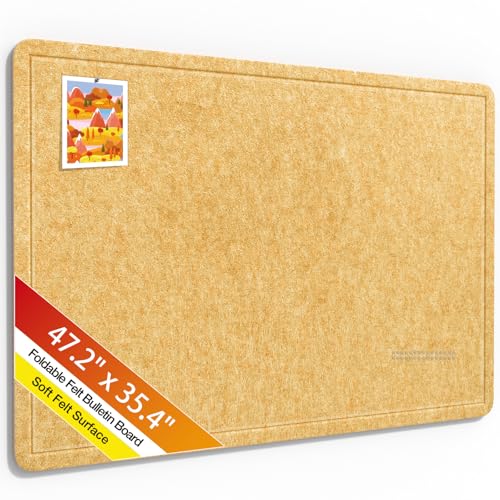 Bulletin Board,47.2 x 35.4 inches Foldable Decorative Felt Pin Board Photo Display Board with Self-Adhesive Tape, Decorative Cork Alternative for Wall Includes 20 Push Pins,Yellow - color: Yellow, size: 47.2 x 35.4 inches