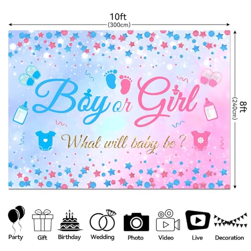 10x8 FT Gender Reveal Boy Or Girl Photo Backdrop He Or She What Will Baby Be Blue Pink Footprints Glitter Dots Star Party Decorations Photography Background Polyester - size: 10x8 FT