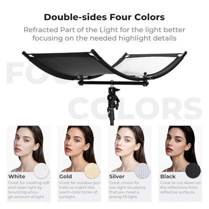 K&F CONCEPT U-Shape Reflector Curved Reflector 100x45cm with 4-in-1 Reflective Fabric, Black/Gold/White/Silver, with 1.5m Stand, with Storage Bag, for Photography Studios - size: 39.3*17.7inch