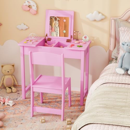 Costzon Kids Vanity, 2 in 1 Girls Vanity Set with Flip Top Mirror, Hidden Storage Space, Wooden Toddler Makeup Vanity Desk Dressing Table, Kids Vanity Table and Chair Set (Pink) - style: Pink with Flip Top Mirror