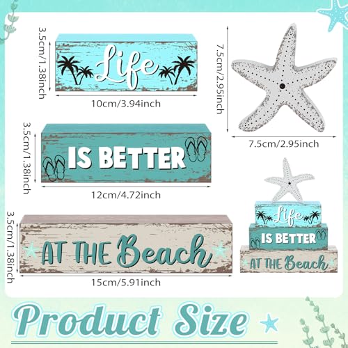 Geelin 4 Pcs Summer Table Decorations Ocean Life Better Wooden Block Signs Beach Theme Starfish Palm Slipper Tabletop Centerpieces Farmhouse Tiered Tray Decor for Home Table Kitchen Shelf - style: Ocean