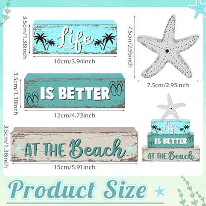 Geelin 4 Pcs Summer Table Decorations Ocean Life Better Wooden Block Signs Beach Theme Starfish Palm Slipper Tabletop Centerpieces Farmhouse Tiered Tray Decor for Home Table Kitchen Shelf - style: Ocean