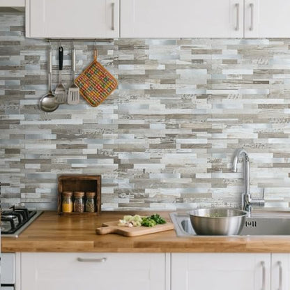 AULIGET Peel and Stick Backsplash, Coffee & Brown Wood Look PVC Mixed Metal Stick on Bathroom Backsplash, 2 - color: Coffee & Brown Wood + Metal Silver, size: 2 Sheets, 6"x12"x0.12"