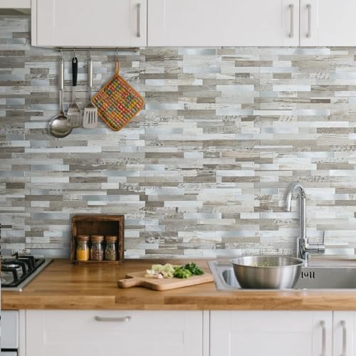 AULIGET Peel and Stick Backsplash, Coffee & Brown Wood Look PVC Mixed Metal Stick on Bathroom Backsplash, 2 - color: Coffee & Brown Wood + Metal Silver, size: 2 Sheets, 6"x12"x0.12"