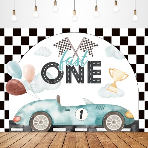 Glawry Fast One 1st Birthday Backdrop for Photography 7Wx5H Feet Racing Car Cartoon Cute Black White Checker Flag Cool for Kids Boys Bday Party Decorations Photoshoot Background Photo Booth Studio - color: Fast One Birthday, size: 7Wx5H