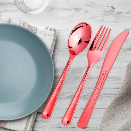 180 Pack Disposable Rose Red Plastic Silverware Contain 60 Forks,60 Spoons,60 Knives, Solid and Durable Plastic Cutlery Utensils Set Perfect for Parties,weddings. - color: Rose