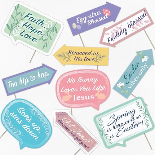 Religious Easter Photo Booth Props - Spring Floral Jesus Bunny Feeling Blessed Themed Party Decorations - Funny Photography Supplies - Selfie Props with Sticks - 10pcs