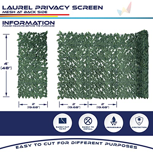 Windscreen4less 4'x4' Faux Leaf Privacy Fence Screen Artificial Laurel Leaves Fence Cover Wall Decoration for Patio Porch Deck Balcony Yard Indoor Outdoor (Dark Green) - color: Laurel Leaf-Dark Green, size: 4' x 4'