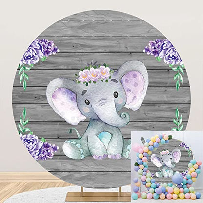 Yeele 6x6ft Cute Purple Elephant Round Backdrop Wooden Texture Wall with Purple Flowers Photography Background Newborn Girls Baby Shower Birthday Party Decors Cake Table Banner Photo Booth Props - size: 6x6ft-Diameter