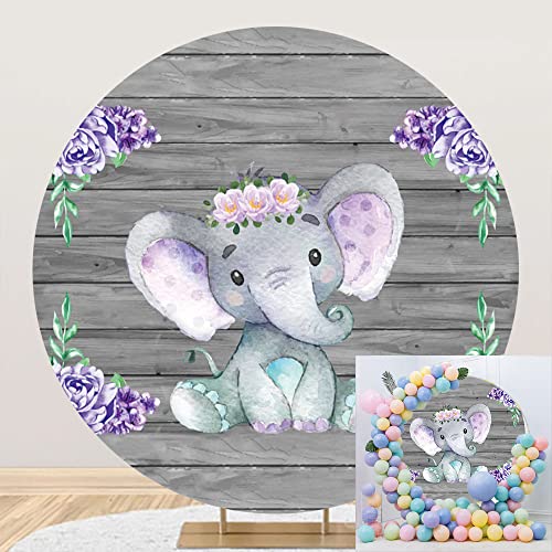 Yeele 7x7ft Cute Purple Elephant Round Backdrop Wooden Texture Wall with Purple Flowers Photography Background Newborn Girls Baby Shower Birthday Party Decors Cake Table Banner Photo Booth Props - size: 7x7ft-Diameter