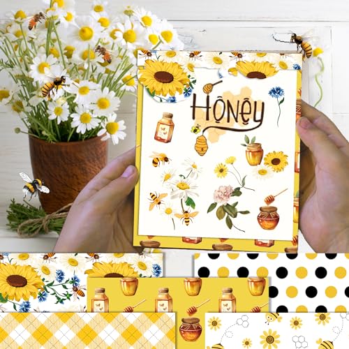 Bee Scrapbook Paper 12 x 12 Double Sided - 24 Sheets Yellow Black Floral Honeycomb Scrapbooking Patterned Specialty Decorative Craft Paper Sheet for Card Making Photo Album - color: Bee and Flower