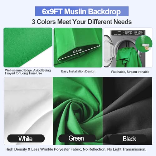 EMART 8.5x10ft Green Screen Backdrop Kit with 6x9ft Polyester Backdrop(Black/White/Green), Adjustable Photography Background Support System for Studio Photography, Parties, Wedding, Video Shooting - size: 8.5x10ft(backdrop stand)/6x9ft(backdrop)