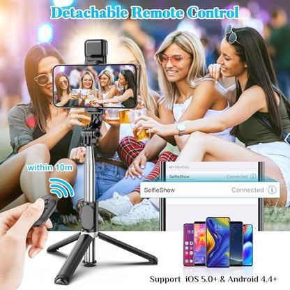 Portable 41 Inch Selfie Stick Phone Tripod with Wireless Remote Extendable Tripod Stand 360 Rotation Compatible with iPhone 17 16 15 14 13 12 11 pro Xs Max Xr X Plus, Android Samsung Smartphone - style: Black & With Light