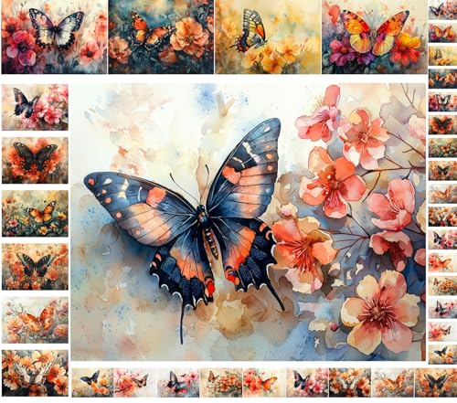 Decoupage Paper Pack (35 Sheets 6"x8") Butterfly Dance: Graceful Butterflies with Delicate Wings Fluttering Among Blossoms in Dreamy, Nature-Inspired Scenes Full of Color FLONZ Vintage - color: Thirteen