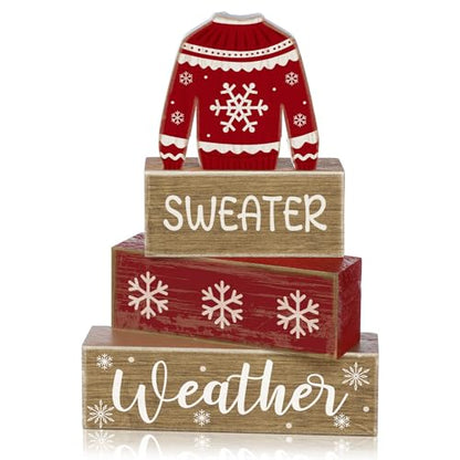 Lineshading 4 Pcs Christmas Table Decorations Ugly Sweater Christmas Decor Winter Tiered Tray Decor Xmas Centerpiece Decorative Ugly Sweater Block Signs Gift Farmhouse Xmas Decoration for Home Kitchen - style: Christmas Sweate