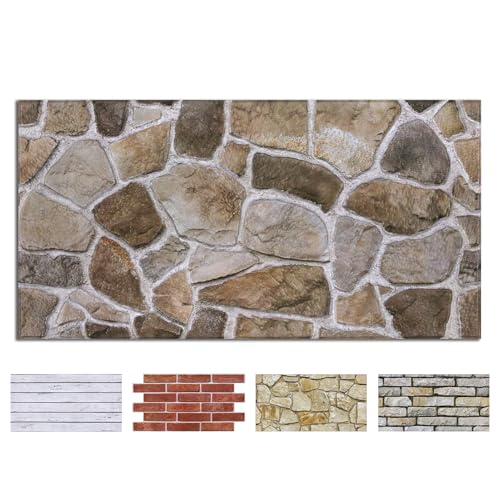COMSTICKC 3D Faux Stone Wall Panels Peel and Stick, 12 Pcs 22.8" x 11.8", DIY UrltraLight PVC Fake Stone Decorative Tiles for Kitchen, Living Room Background, Covers 22.48 sq.ft - color: Brown Fieldstone