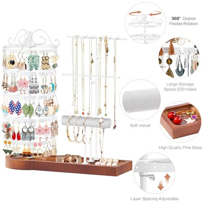 KALYLOC Jewelry Earring Holder Organizer, Adjustable 5 Tiers Rotating Earring Holder 3 Tier Necklace Holder with Wooden Base, Multi-Functional Jewelry Organizer Display Stand for Studs Bracelet Women - color: White