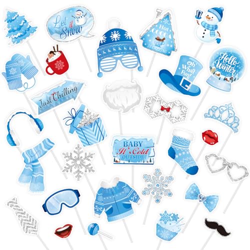 KALEFO 30Pcs Hello Winter Photo Booth Props Winter Wonderland Party Decorations Snowflake Photo Booth Props Kit Wedding Holiday Birthday Skiing New Year Party Supplies - color: Hello Winter