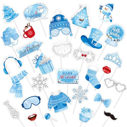 KALEFO 30Pcs Hello Winter Photo Booth Props Winter Wonderland Party Decorations Snowflake Photo Booth Props Kit Wedding Holiday Birthday Skiing New Year Party Supplies - color: Hello Winter