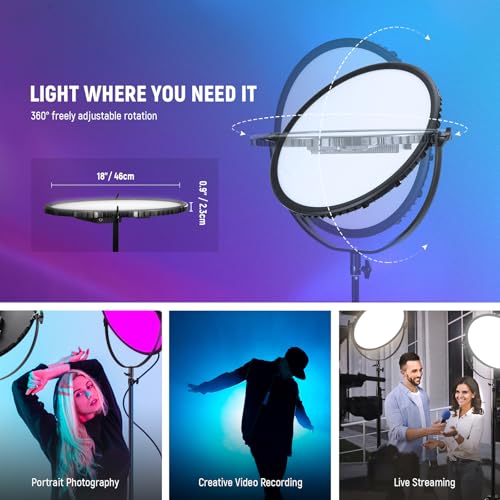 NEEWER 18" RGB LED Round Panel Video Light with APP Control, 65W 6000Lux/0.5m 2500K-8500K RGBCW Photography Studio Lighting /18 Scenes/V Battery Powered for Outdoor Filming Recording Streaming, GR18C - style: RGB
