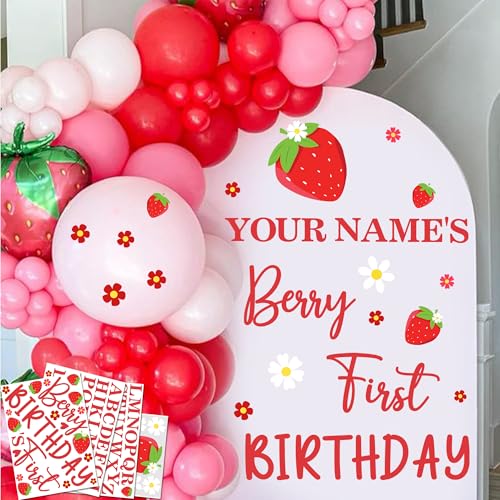 Name Custom Berry First Birthday Party Decal for Backdrop Sweet One Birthday Sign for Balloon Arch Strawberry 1st Birthdays Decor Supplies Baby Girls Birthdays Photo Background Vinyl Stickers - color: Red & White Name Diy