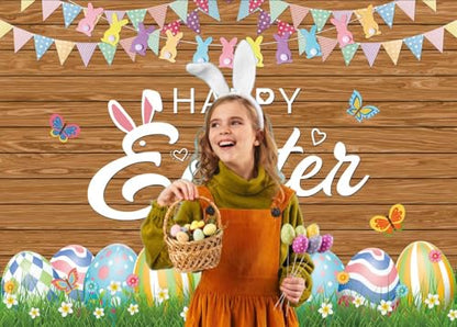 XCKALI Wood Easter Backdrop Wooden Happy Easter Day Photography Background Wooden Colorful Eggs Party Decoration 7x5FT