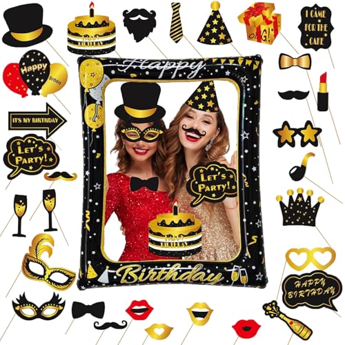 Birthday Photo Booth Props, Black Gold Inflatable Photo Booth Frame, 30PCS Photo Booth Props Cheer to 18 20 30 40 50 60 70 80 90 Years Old Decor Supplies for Men Women Boys Girls - size: All Age Birthday Inflatable Frame