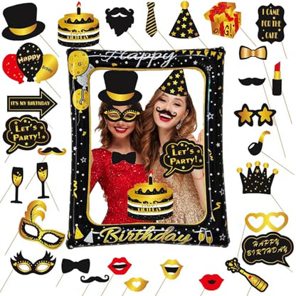 Birthday Photo Booth Props, Black Gold Inflatable Photo Booth Frame, 30PCS Photo Booth Props Cheer to 18 20 30 40 50 60 70 80 90 Years Old Decor Supplies for Men Women Boys Girls - size: All Age Birthday Inflatable Frame
