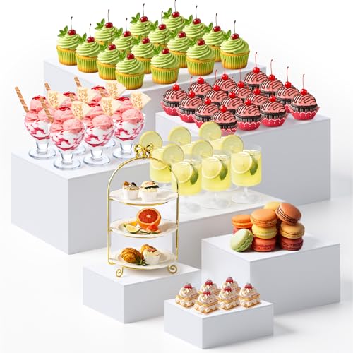 Leinuosen 7 Pcs Extra Large Buffet Risers Set 8" to 14" Acrylic Display Box Square Catering Dessert Table Riser Food Display Decorative Stand with Hollow Bottom for Catering Supplies(White) - color: White, size: 8" to 14", style: Square