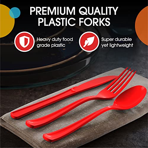 Party Solids Red Plastic Forks 200 Pieces Red Forks Disposable Utensils Heavy Duty Plastic Cutlery Set Disposable Cutlery Sets Flatware Sets Silverware Set Party Supplies & Party Tableware - color: Red