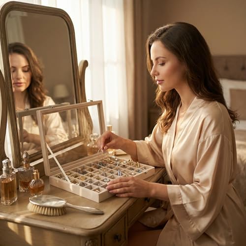 Velvet Jewelry Tray 48 Compartments Jewelry Box Display Organizer with Transparent Cover Earrings, Rings,Necklaces, Pendants Storage Box for Girls, Women,Wife, Mother(Beige) - color: 48 Grid