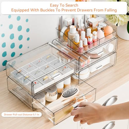 Yieach Clear Acrylic Makeup Organizers Countertop for Dresser,Desk,Bathroom Vanity,4 Tier Stackable Make up Holders and Makeup Cabinet,Tiered Cosmetic Storage and Make up Containers for Palette,Brush - size: 3 Drawers