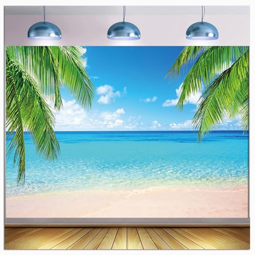 Summer Tropical Beach Photography Backdrops Seaside Island Palm Trees Photo Blue Sky White Clouds Background for Hawaii Pool Party Luau Theme Decoration Studio Props Banner (7x5 FT) - size: 7x5 FT