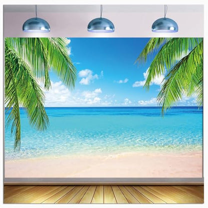 Summer Tropical Beach Photography Backdrops Seaside Island Palm Trees Photo Blue Sky White Clouds Background for Hawaii Pool Party Luau Theme Decoration Studio Props Banner (7x5 FT) - size: 7x5 FT