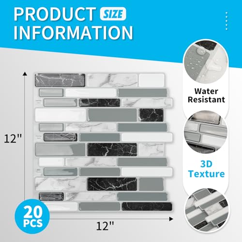 Art3d 20-Sheet Peel and Stick Kitchen Backsplash Tiles, Self-Adhesive Wall Tiles for Kitchen and Bathroom, 12"x12", Marble Grey