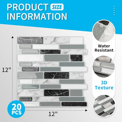 Art3d 20-Sheet Peel and Stick Kitchen Backsplash Tiles, Self-Adhesive Wall Tiles for Kitchen and Bathroom, 12"x12", Marble Grey