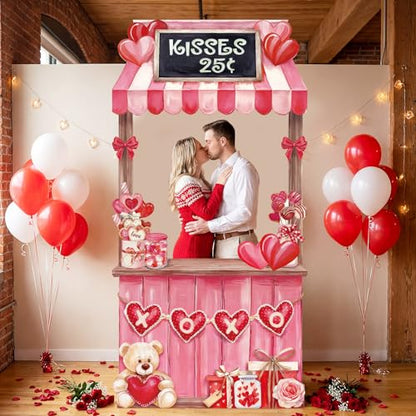 WovWeave Valentine's Day Kissing Booth Backdrop 71x35 Inch - Romantic Red Pink Heart Photography Background for Couples, Large Fabric Love Banner for Party Decorations, Indoor Outdoor Selfie Props - style: Valentine