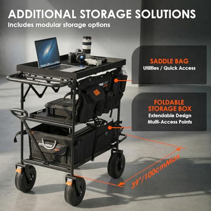 TARION Video Production Camera Cart - Foldable Photography Dolly with Inflatable Rubber Wheels and Wider Top Shelf - Heavy Duty Mobile Workstation with Storage Bins for Film Crew - Titanrig Cart Pro - style: Titanrig Cart - Pro