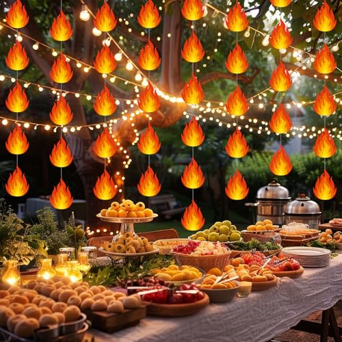 Xinnun Fire Party Decorations Flame Garlands Banners Firefighter Theme Banner Cutouts Ribbon Streamers for Fire Department Firetruck Rescue Camping Birthday Theme Party Office School Home Decor - style: Fire