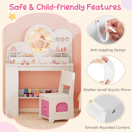 Costzon Kids Vanity, Girls Vanity Set with Lighted Mirror, Bookshelf, Drawers, Hooks & Storage Shelves, Toddler Makeup Vanity Desk Dressing Table, Wooden Kids Vanity Table and Chair Set (White) - style: White with Bookshelf