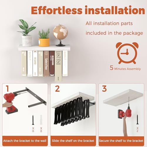 Tohiasen Floating Book Shelves for Wall Mounted Set of 2, Wood Hanging Bookshelf, Book Display Shelf for Wall, Unique Space Saving Book Shelf Wall Book Holder (White) - color: White