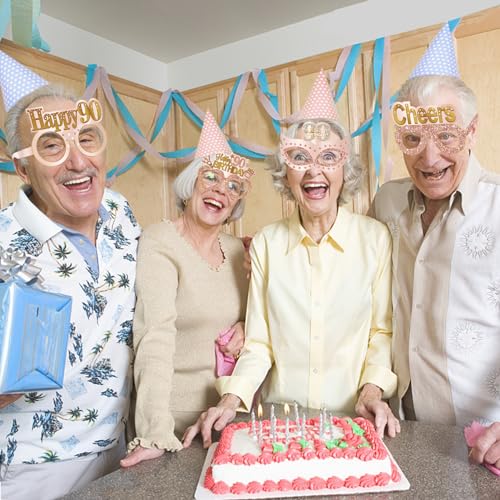 Guiruiy 24PCS 90th Birthday Paper Eyeglasses Decorations for Women, Pink Rose Gold Happy 90th Birthday Eyeglasses Party Supplies, Funny Ninety Year Old Birthday Glasses Photo Props Decor - style: Rose Gold 90th
