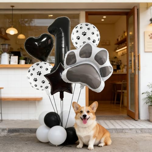 1st Birthday Dog Paw Balloons Set,18'' Paw Prints, Heart,Star,Paw Shaped Foil Balloon 40 Inch Black Number 1 Helium balloons for Puppy Themed Third Anniversary Birthday Party Decorations Supplies 6PCS - color: Black-1