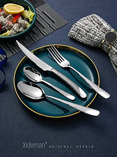 16-Piece Modern Hammered Cutlery Set with Ultra Sharp 2-in-1 Serrated Knife, 18/10 Stainless Steel Silverware Flatware Set Service for 4, Tableware Utensil, Forks Spoons Knives Set - color: Silver