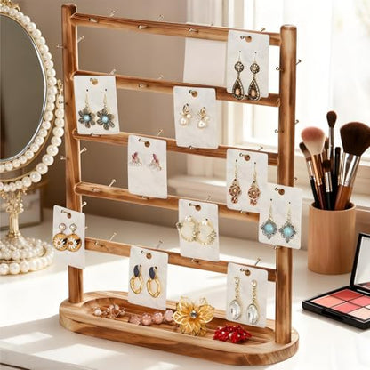 Earring Display Stands for Selling, 5 Tier Wooden Jewelry Display Rack with 56 Hooks for Vendors, Two-Sided Desktop Jewelry Towers Earring Cards Organizer for Bracelets, Rings