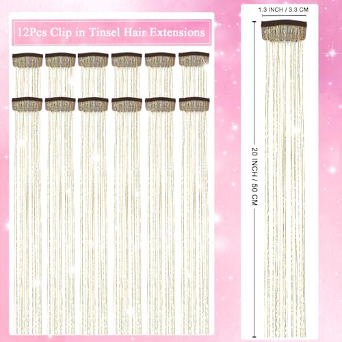 Hair Tinsel Clip in 12 Pcs Glitter Tinsel Hair Extensions 20 Inch Fairy Hair Clip in Hair Tinsel Heat Resistant Sparkly Gold Hair Accessories for Girls Women Kids (Gold) - color: Gold