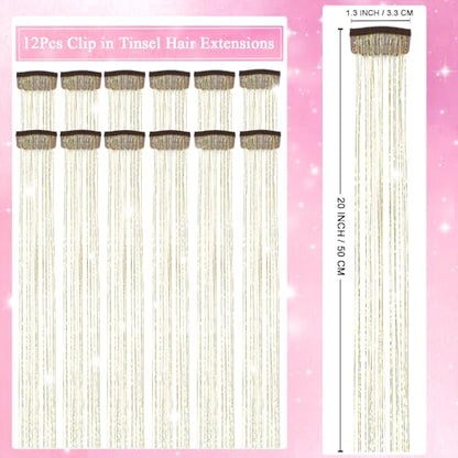 Hair Tinsel Clip in 12 Pcs Glitter Tinsel Hair Extensions 20 Inch Fairy Hair Clip in Hair Tinsel Heat Resistant Sparkly Gold Hair Accessories for Girls Women Kids (Gold) - color: Gold