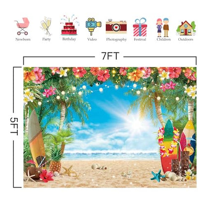 7x5FT Polyester Fabric Summer Beach Hawaiian Backdrop Seaside Tropical Flower Palm Leaves Surfboard Photography Background for Luau Aloha Party Decoration Banner Picture Photo Booth - size: 7'x5'