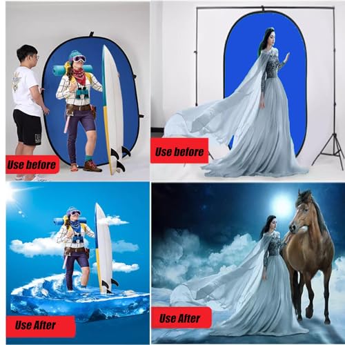 5x7ft/1.5x2m Chromakey Blue Grey Backdrop with 7.8ft/2.4m Stand, 2-in-1 Reversible Collapsible Pop-Up Blue Grey Screen Background Panel for Photography, Live Streaming, Video Shooting, Game - color: Blue/Gray